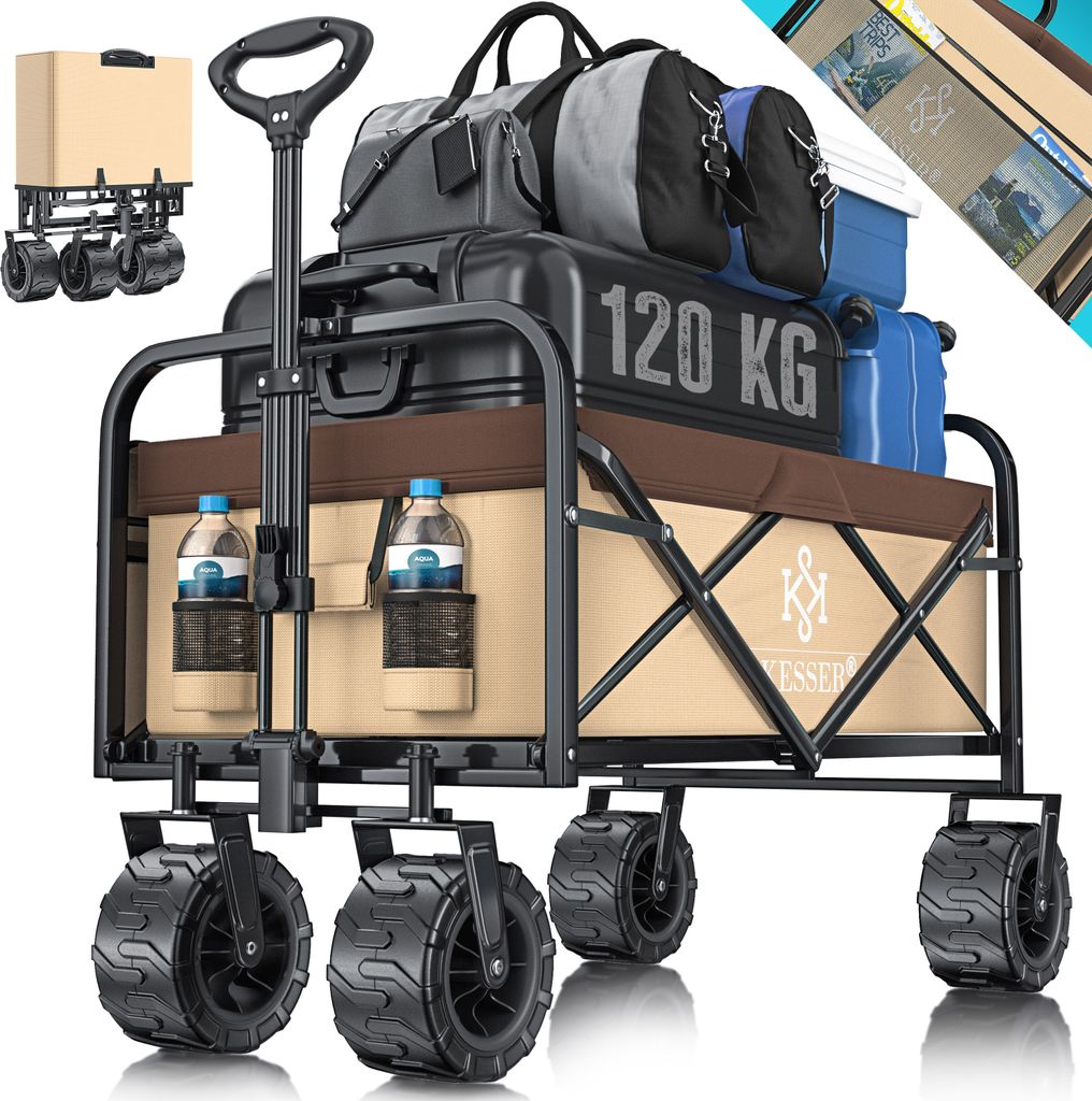 KESSER® Bollerwagen faltbar mit Breite Reifen Handwagen Transportkarre Gerätewagen | inkl. 2 Netztaschen | klappbar | Kunststoff-Reifen | bis 120 kg Tragkraft transportwagen Gartenanhänger
