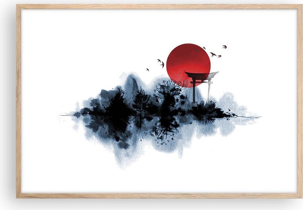 Gerahmtes Poster - Rahmen in heller Eiche - Rot Sonne Tor - 91,5x61 cm - Wand Bild - Wanddeko - Wandbilder - Kunstposter - Wandposter - Bilderrahme...
