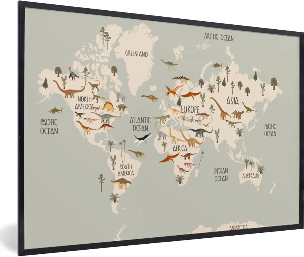 MuchoWow Gerahmtes Poster Weltkarte Kinder - Dino's - Kinder - Jungen - Mädchen - Kinder 90x60 cm - Poster mit Schwarzem Bilderrahmen Wandposter...