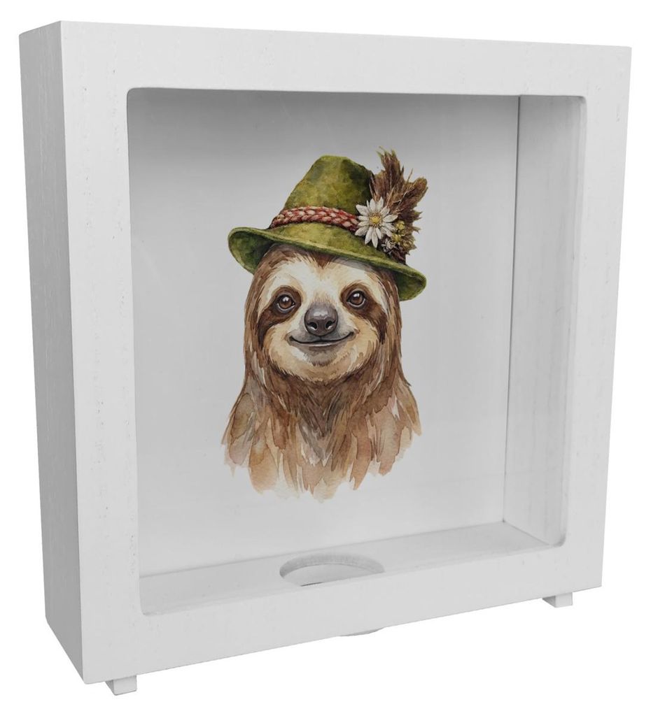 Faultier mit alpenländischem Trachtenhut Rahmen Spardose aus Holz
