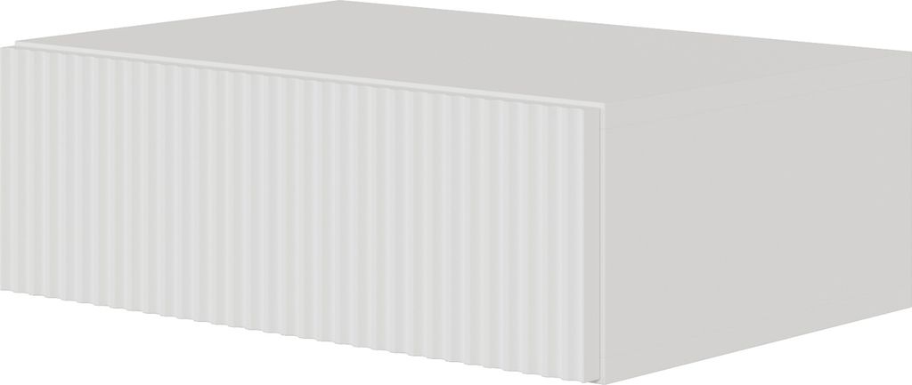 A white nightstand with a ribbed front panel and a drawer.
