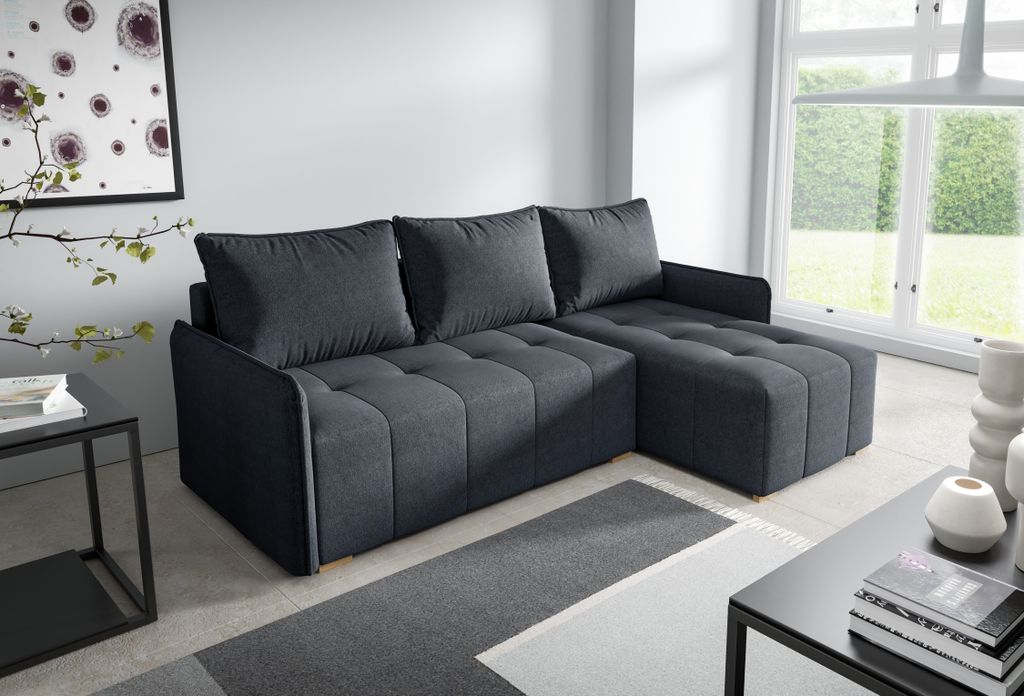 Modernes Ecksofa GEM Couch mit Schlaffunktion und Bettkasten, L-form - rechte Seite, Farbe: Anthrazit (Neve 97)