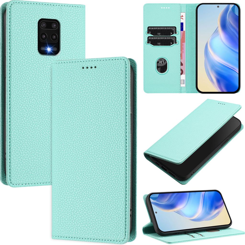 Litchi Leder Handyhülle für Xiaomi Redmi Note 9S/9 Pro/9 Pro Max Wallet Kartenfächer Standfunktion Hülle Türkis