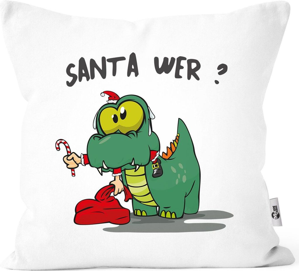 Kissen-Bezug Dinosaurier frisst Santa Claus Spruch Santa Wer? lustige Kissenhülle Weihnachten MoonWorks weiß unisize