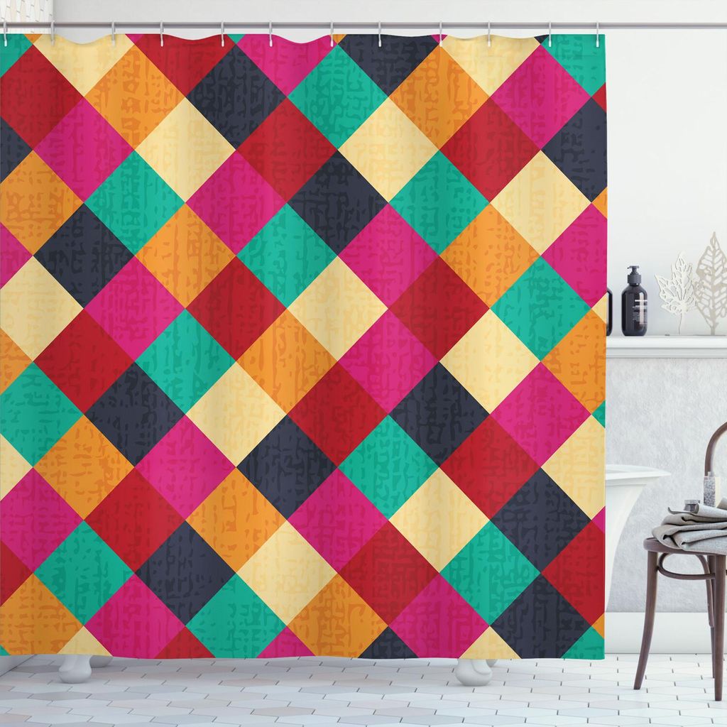 ABAKUHAUS Bunt Duschvorhang, Geometrisches kariertes Muster der Raute mit Schmutz-Blick-einfachen beunruhigten Quadraten, 175 x 240 cm, Mehrfarbig