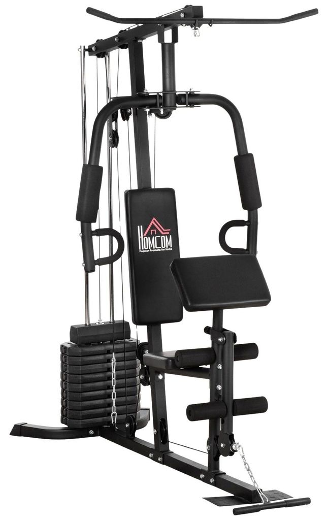 Kraftstation Fitnessstation Mit Latzug- Und Butterflystange Und 45 Kg Gewichte Krafttraining Stahl Kunstleder Schwarz 180 X 108 X 200Cm