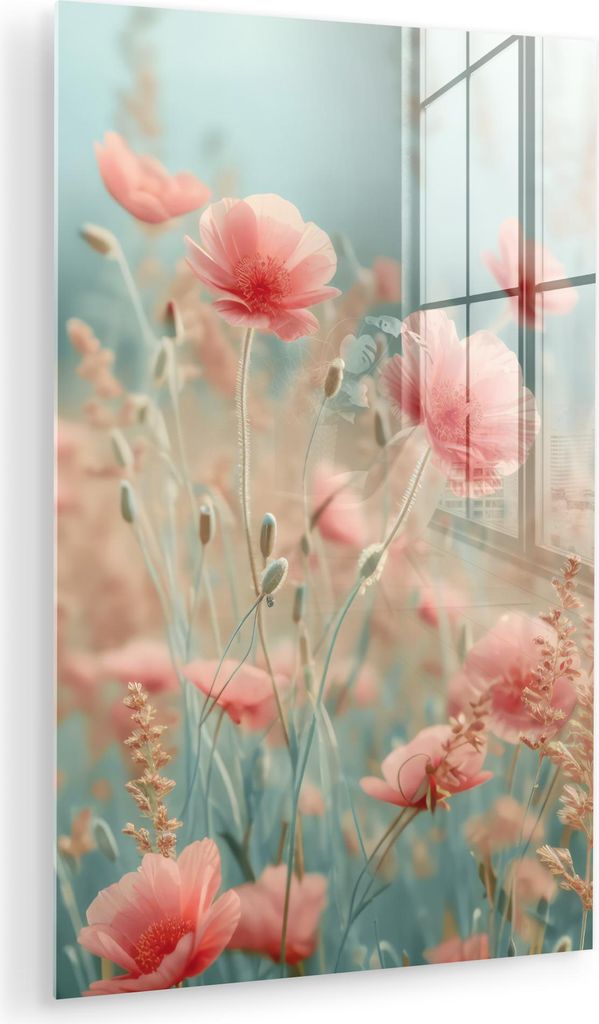 MuchoWow Glasbilder - Bilder auf Wandbild - Foto auf Glas Blumen - Natur - Mohnblumen - Blumenfeld 60x90 cm Wanddekoration aus Glas - Acrylglasbild...