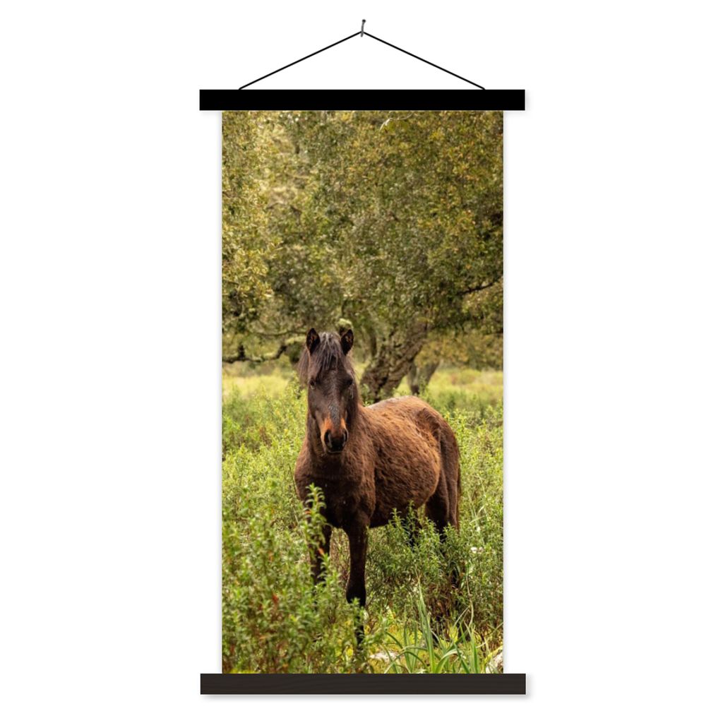 MuchoWow Textilposter Pferd - Wald - Gras 60x120 cm mit schwarzem Rahmen - Magnete