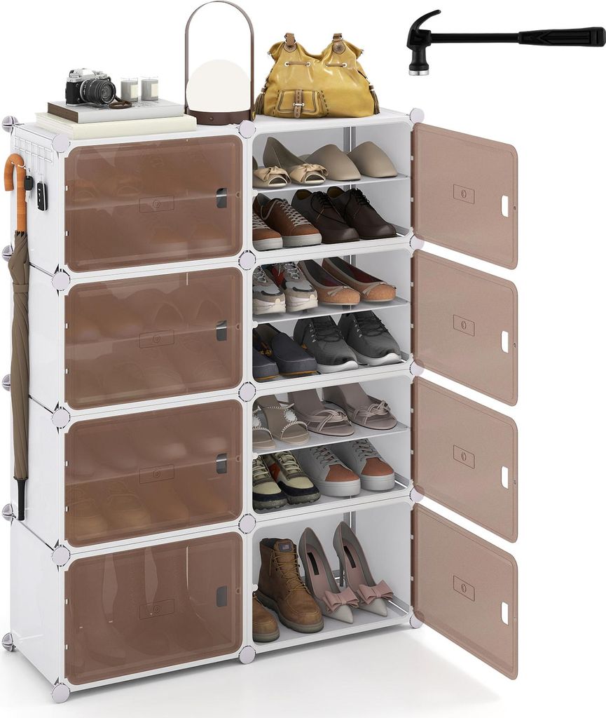 COSTWAY Schuhregal mit 8 Fächern, Schuhschrank Kunststoff inkl. Regalen, Schuhboxen, transparente Schuhorganizer für 32 Paar Schuhe