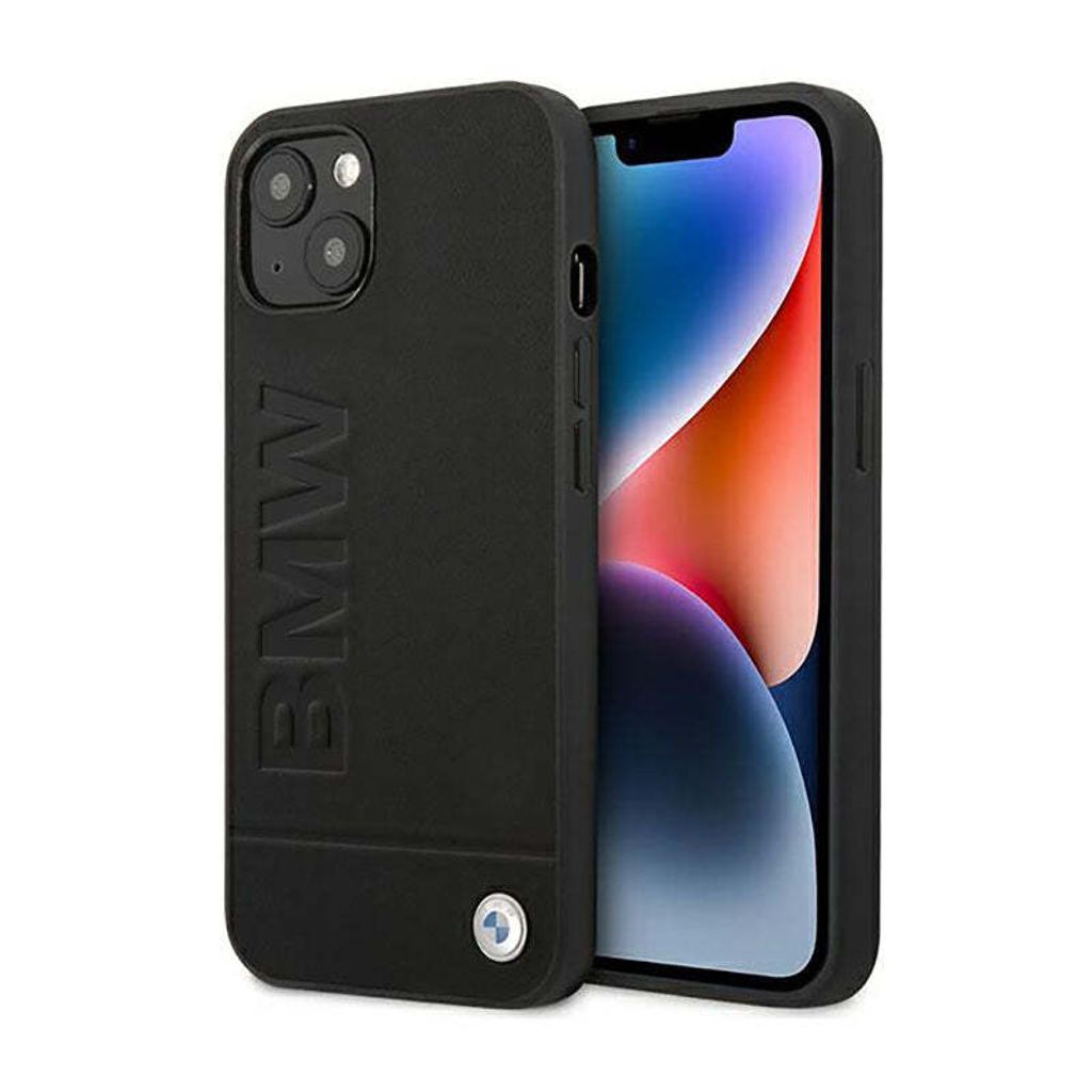 A black BMW branded iPhone 14 case is shown diagonally against a white background.