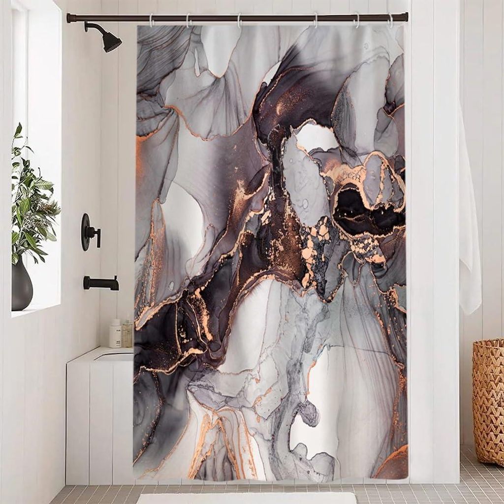 Schwarzer und goldener Duschvorhang, 120x200cm, schimmelresistent, Marmoroptik, graubraun marmoriert, modern, waschbar, wasserdicht, Polyester, Bad...