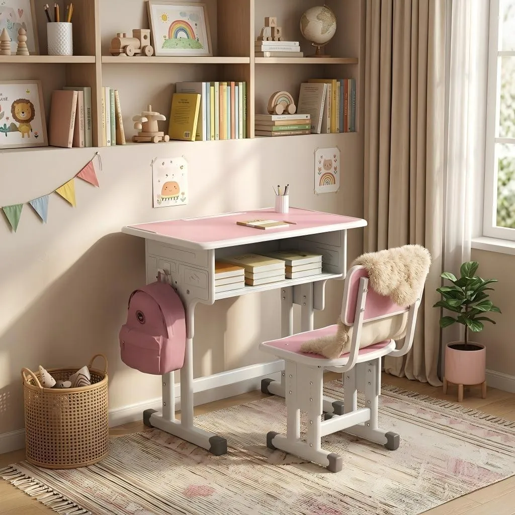 Bureau Ergonomique Rose pour Enfant Réglable en Hauteur et Stable
