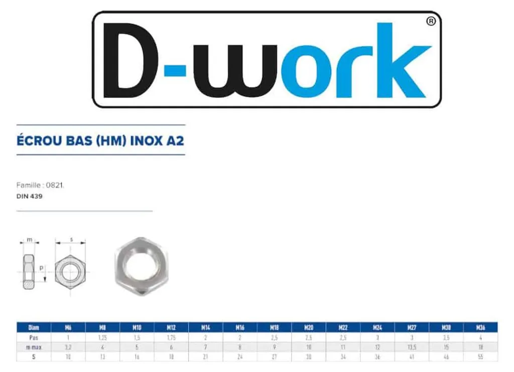 Écrous Bas M36 Inox A2 DIN 439 D-Work - Fixation Durable et Résistante - 2