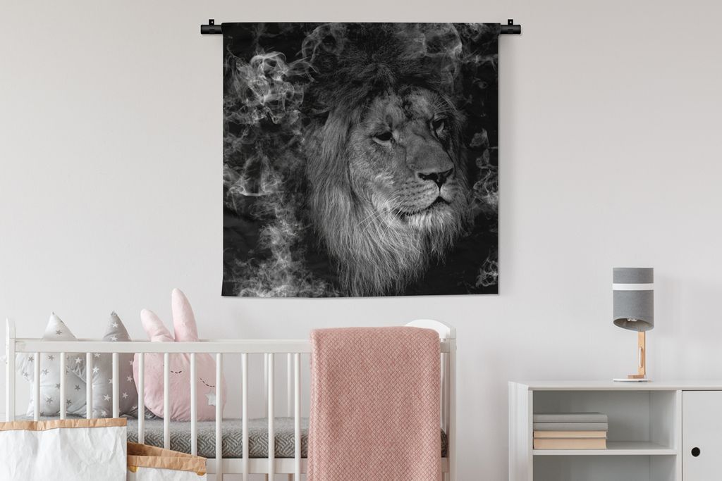 MuchoWow Wandteppich Wandbehang Löwe - Rauch - Tiere - Schwarz - Weiß 90x90 cm Tapisserie Dekoration Wandtuch - Wandaufhänger