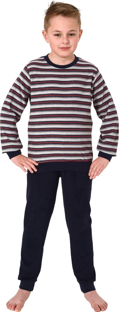 Jungen Frottee Schlafanzug Pyjama langarm mit Bündchen in Streifenoptik ; grau , 164