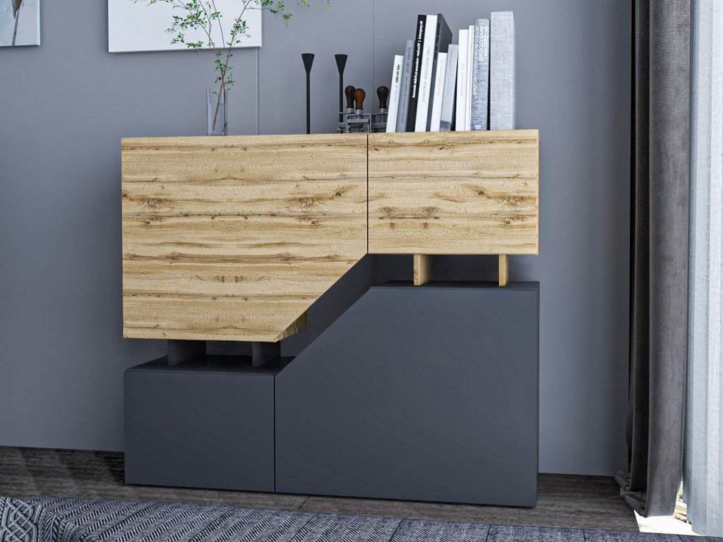 A modern sideboard with two doors, featuring a wood-tone top and anthracite base, placed against a gray wall.