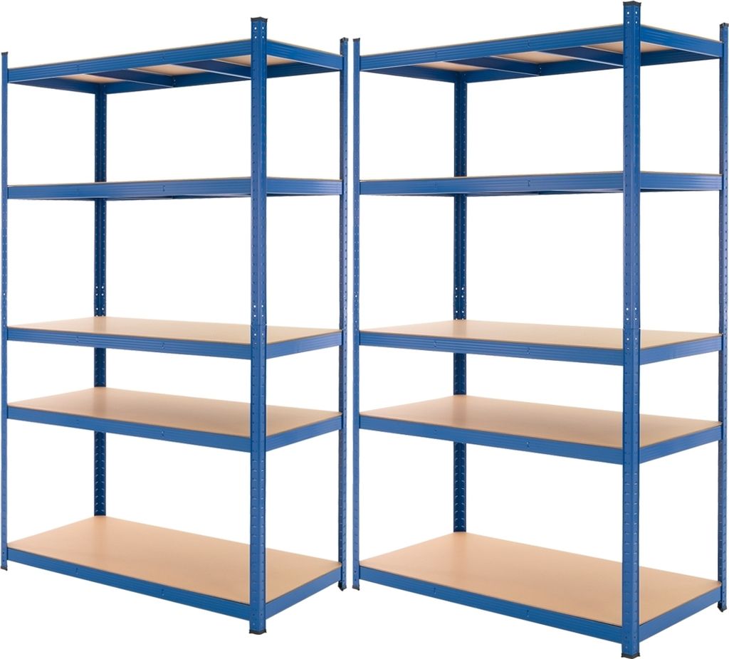 Two blue metal shelving units with wooden shelves against a white background.