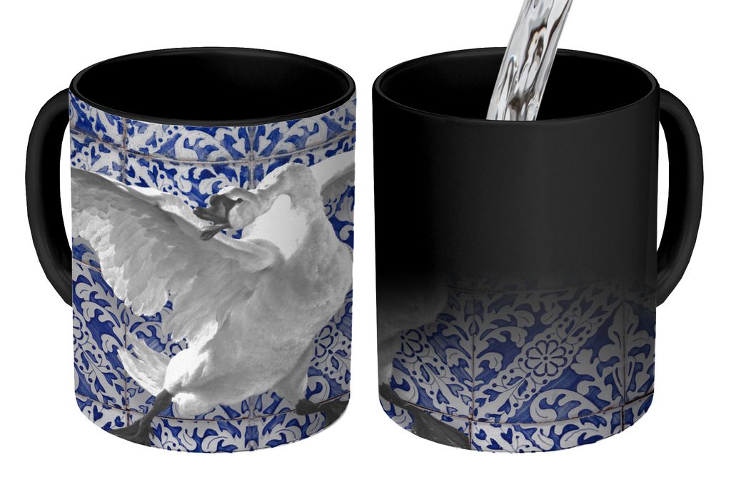 KitchenYeah Zauber Tasse Zaubertasse Magic Schwan - Kunst - Delfter Blau - Malerei - Alte Meister 350 ml Farbwechsel Becher Geschenk Geschenkidee...