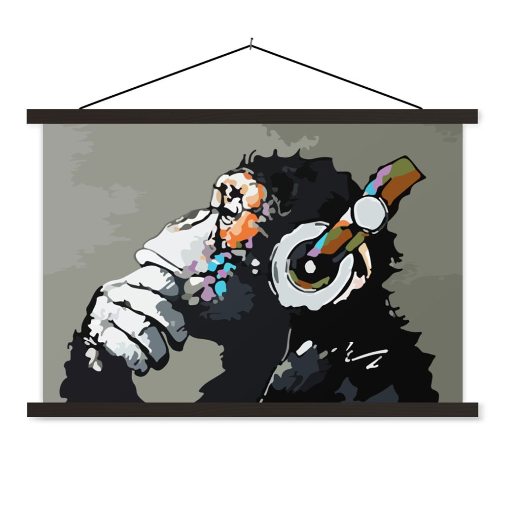 MuchoWow Textilposter Gemälde - Ölgemälde - Affe - Kopfhörer 120x80 cm mit schwarzem Rahmen - Wanddeko