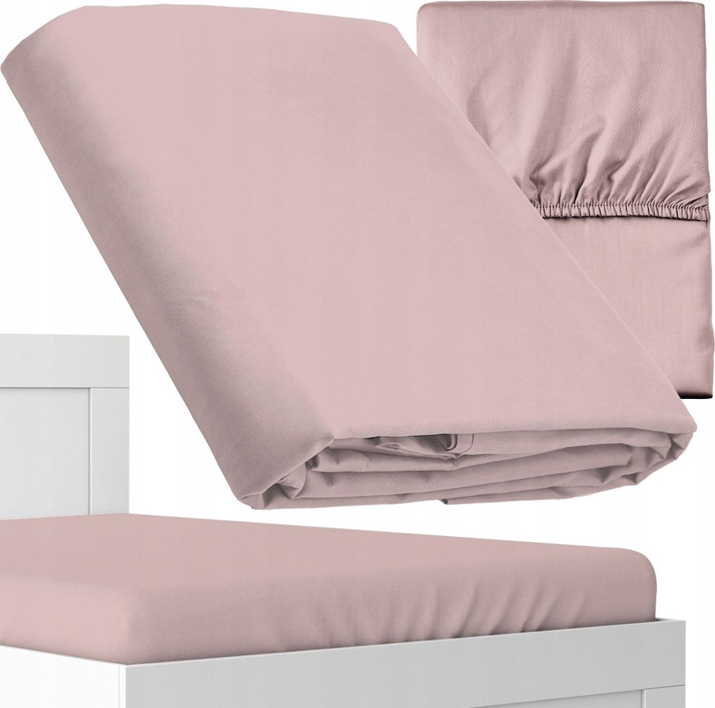 A pink fitted sheet is shown folded and then on a mattress.