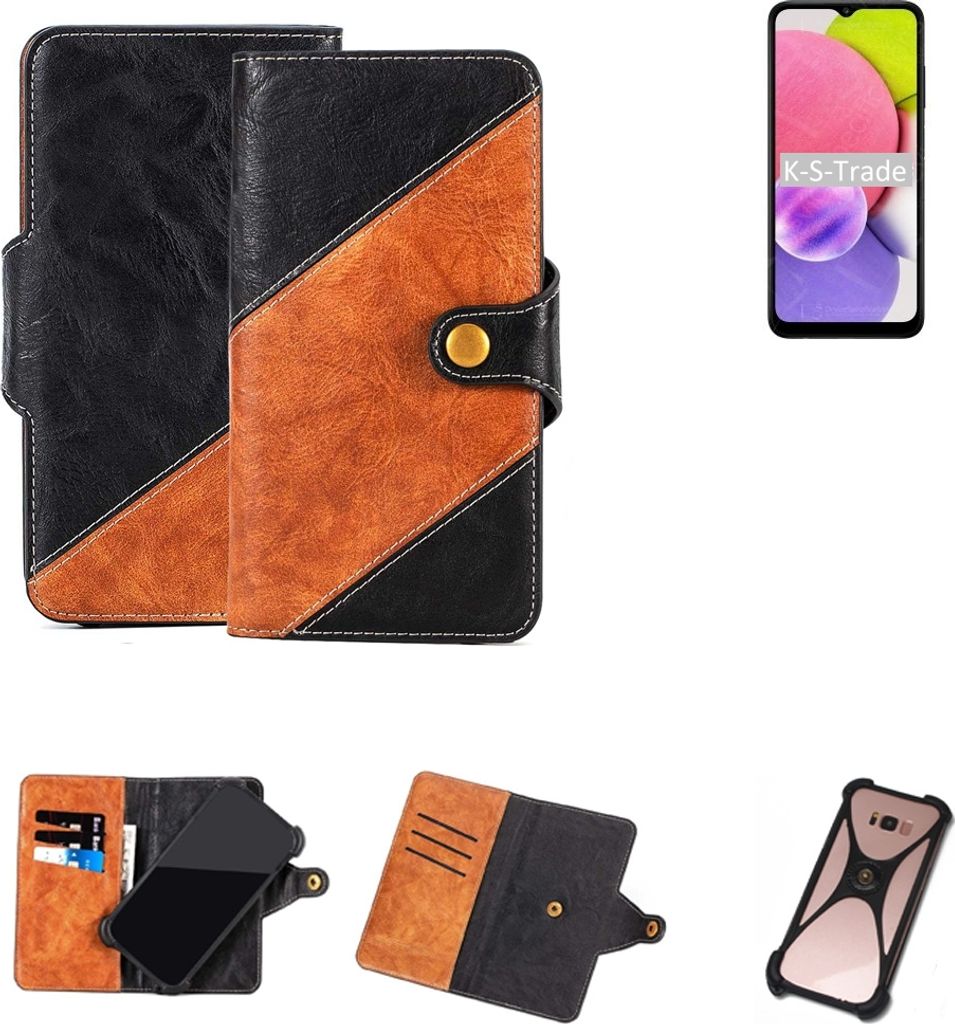 K-S-Trade Handyhülle Schutzhülle Bookstyle Case Wallet-Case kompatibel mit Samsung Galaxy A03s Handy Cover Bumper Klapphülle schwarz hellbraun 1x
