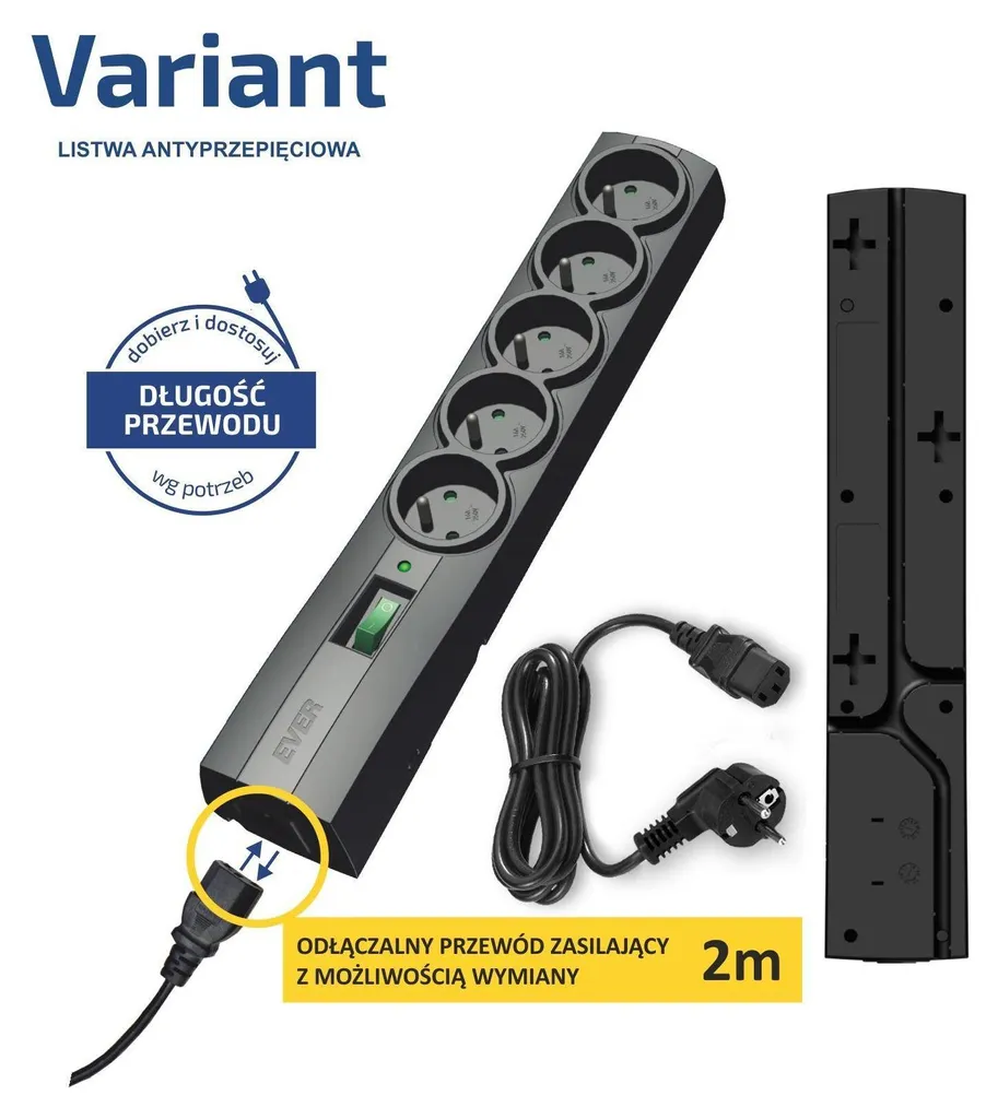 Multipresa Ever Variant 5 Prese 2m Nero - Standard 250V 10A