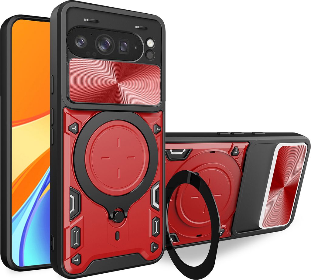 Handyhülle für Google Pixel 9 Pro XL Dual-Layer Stoßfest Rüstung Hülle mit Dia Kameraschutz und Kreisförmig Ring Ständer Rot
