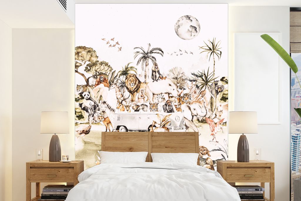 MuchoWow Fototapete für Wohnzimmer oder Schlafzimmer Wandtapete Vinyl Motivtapete Bus - Tiere - Kinder - Jungen - Mädchen - Palme - 190x260 cm ...