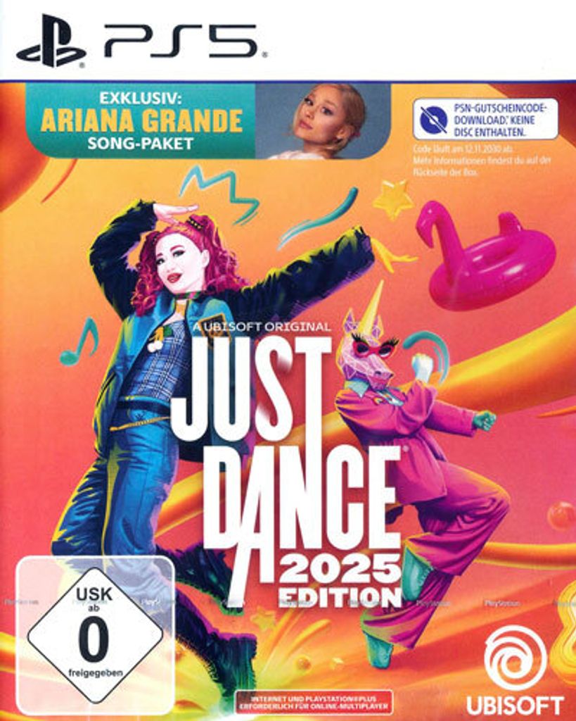 The cover art for the video game Just Dance 2025 Edition, featuring two dancers and promotional text.