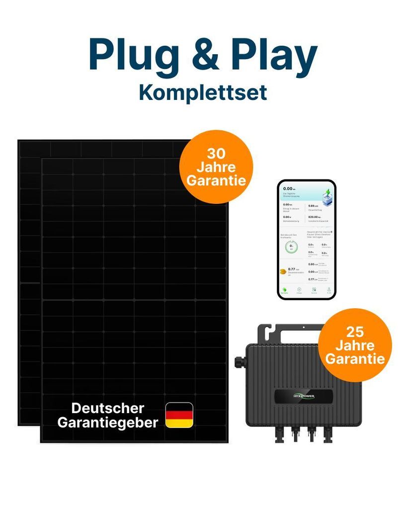 Balkonkraftwerk 890W Fullblack – Mini-PV-Anlage Set mit Wechselrichter & Schukostecker | Luxor ECO LINE + HYX-M800-SW