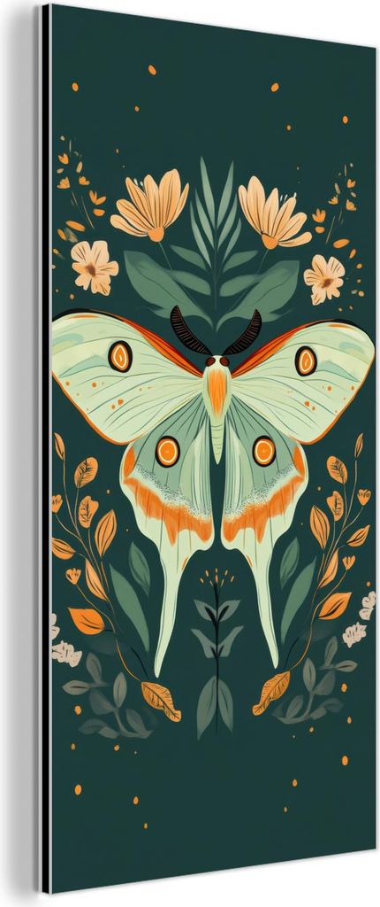 MuchoWow Wanddekoration Metall Metallbild Wandkunst 40x80 cm Ornamental - Schmetterling - Grün - Blätter MuchoWow Aluminium Gemälde - Wanddekora...