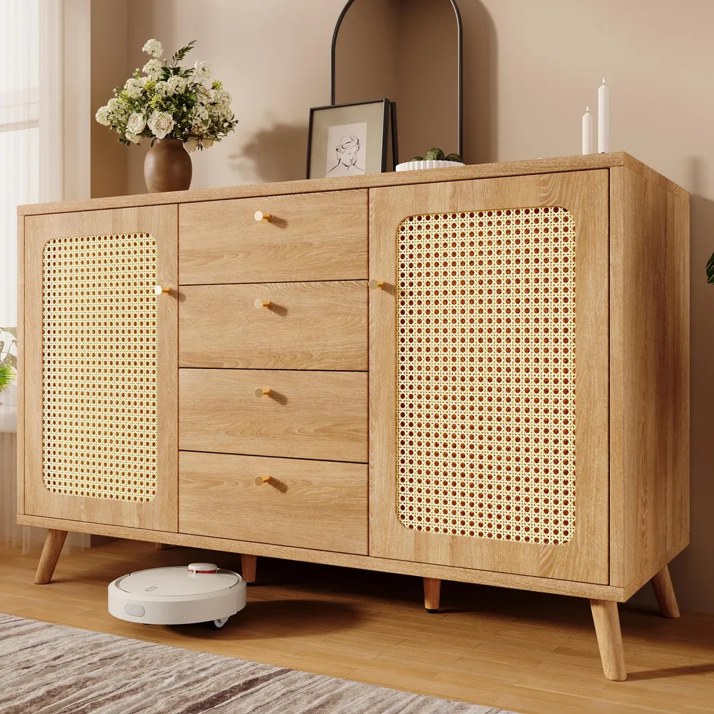 Buffet Bas Chêne Clair : Solution Rangement Cannage pour Salon Ordonné - 2