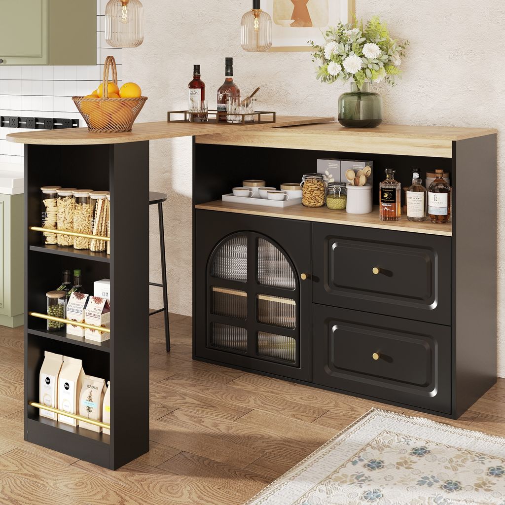 Flieks Stehtisch 360°drehbar, ausziehbarer Bartisch mit Sideboard, Esstisch Essbar 138-204x39x104 cm, Schrank mit Glastür und Schubladen, schwarz