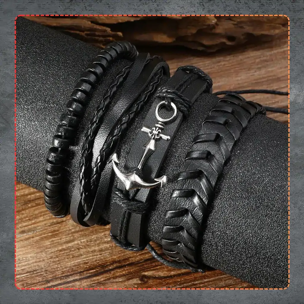 Camerazar Bracciale Uomo Ancora e Pelle Punk | Set 4 Pezzi Nero - 5