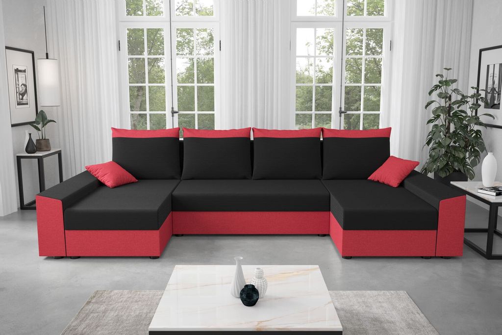 Praktische U-Form Couchgarnitur PARI – rot/schwarz