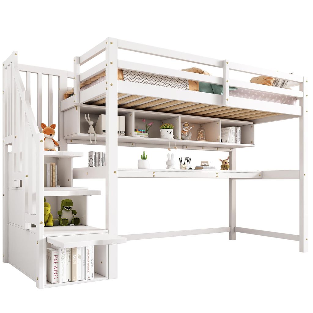 Hochbett mit Lattenrost, 90x200 cm, Kinderbett mit Treppe, Produktbild 