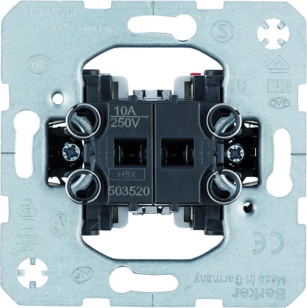 The back of a Berker Jalousie-Wippentaster module, showing the electrical connections and mounting plate.