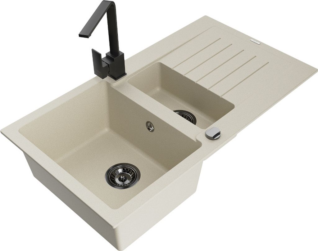 Mexen Matias 1,5-Becken-Granitspüle mit Abtropffläche und Mischbatterie Rita, Beige - 6502-69-670300-70
