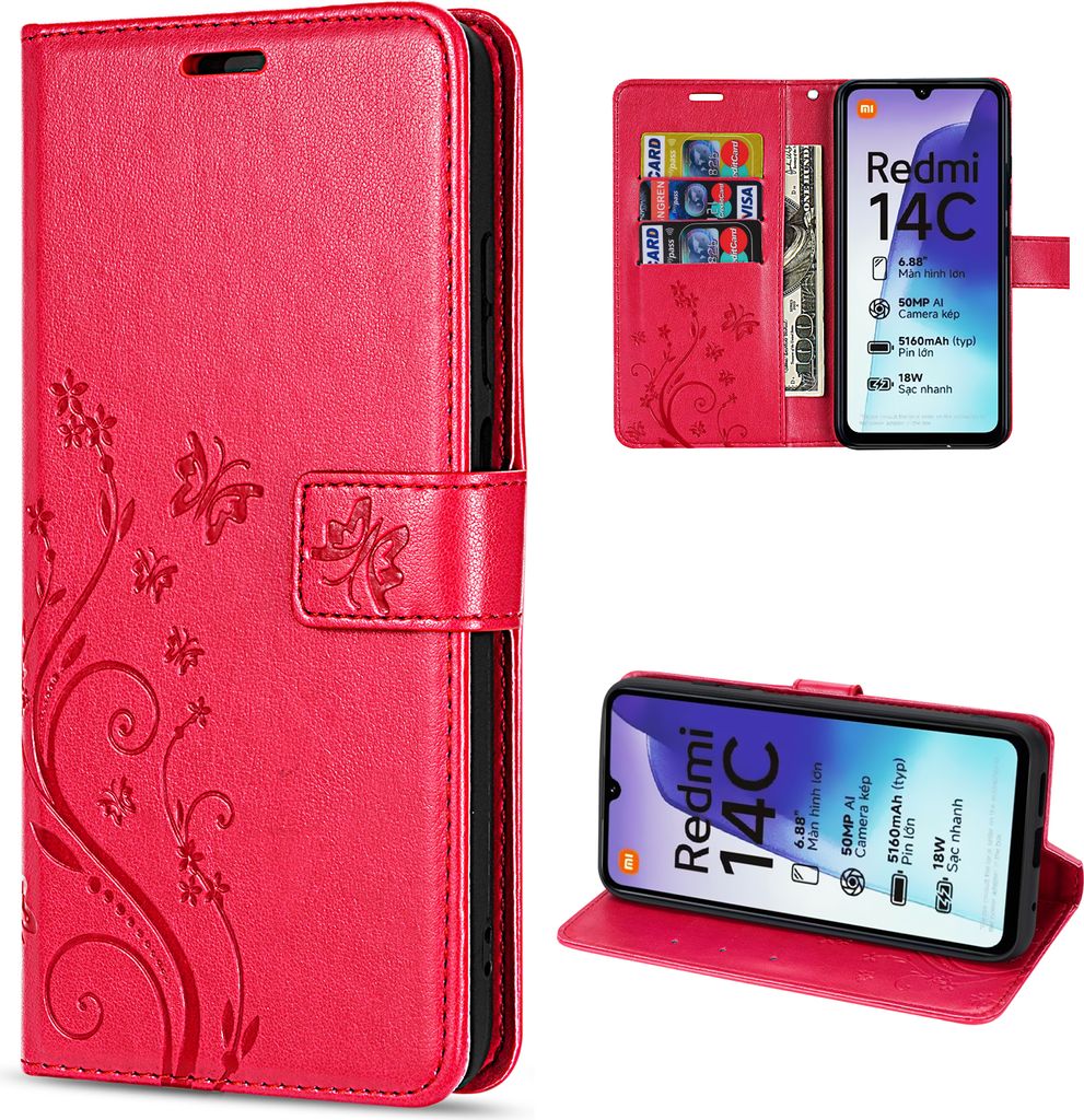 Hülle Xiaomi Redmi 14C Handy Tasche Handyhülle Wallet Case Flip Cover Rot