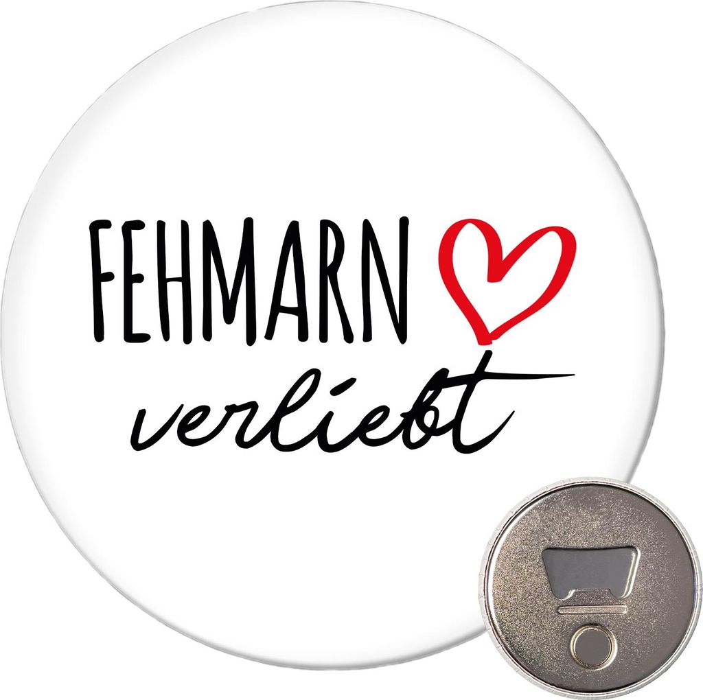 Huuraa Magnet Fehmarn verliebt 59mm Kühlschrankmagnet rund Flaschenöffner Geschenkidee