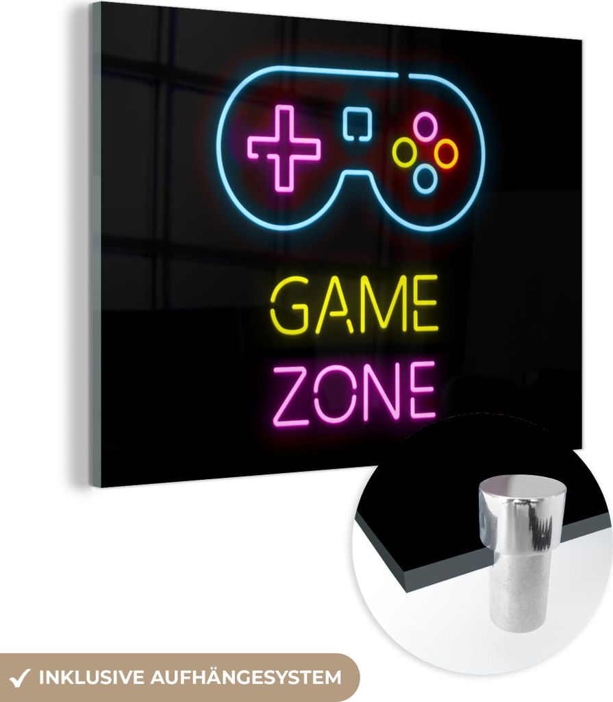 MuchoWow Glasbilder - Bilder auf Wandbild - Foto auf Glas Controller - Spiel - Neon - Schwarz - Zitate - Spielzone 80x60 cm Wanddekoration aus Glas...