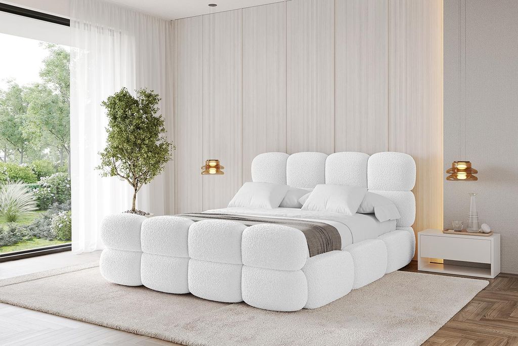 ALTDECOR Polsterbett mit Bettkasten - NOMA-Z 200x200 Weiß - Bett mit Kopfteil und Fußteil, Boxbett ohne Matratze, Doppelbett mit Stauraum