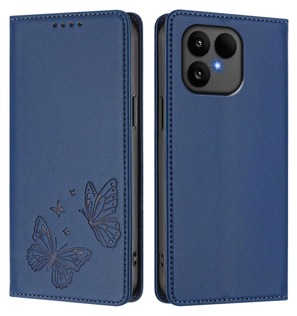 Lederhülle für Fairphone 6, Schmetterling Prägung Leder Brieftasche Schutzhülle mit Ständer Dunkelblau
