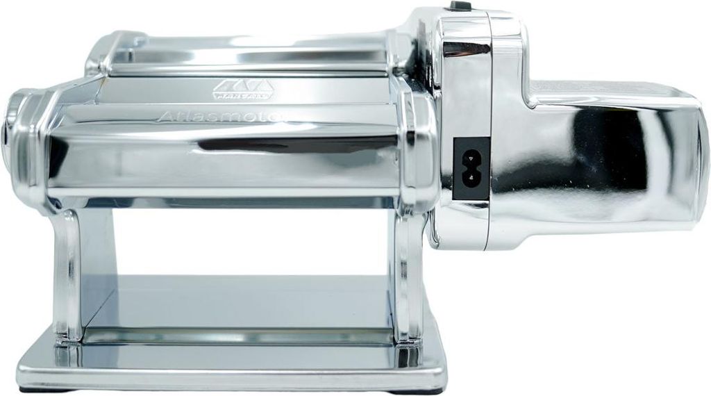 A chrome-plated pasta maker with an attached motor.