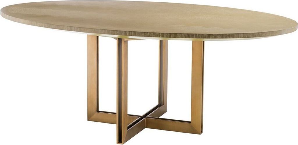 Casa Padrino Luxus Esstisch Naturfarben / Messing 200 x 120 x H. 76 cm - Ovaler Küchentisch - Luxus Esszimmer Möbel