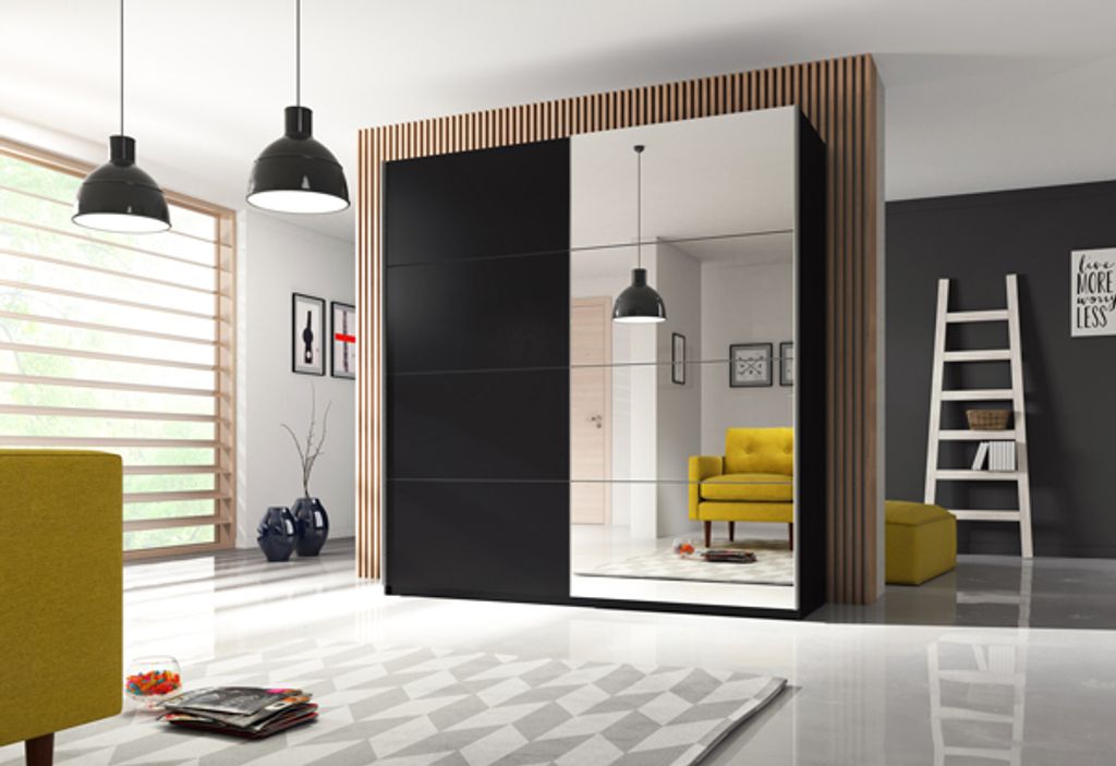 Kleiderschrank Schlafzimmerschrank Spiegel schwarz 180cm