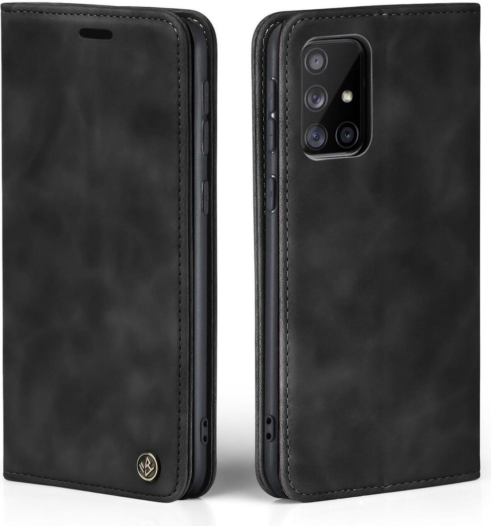 A black flip-style phone case for a Samsung Galaxy A51 is shown from two angles.