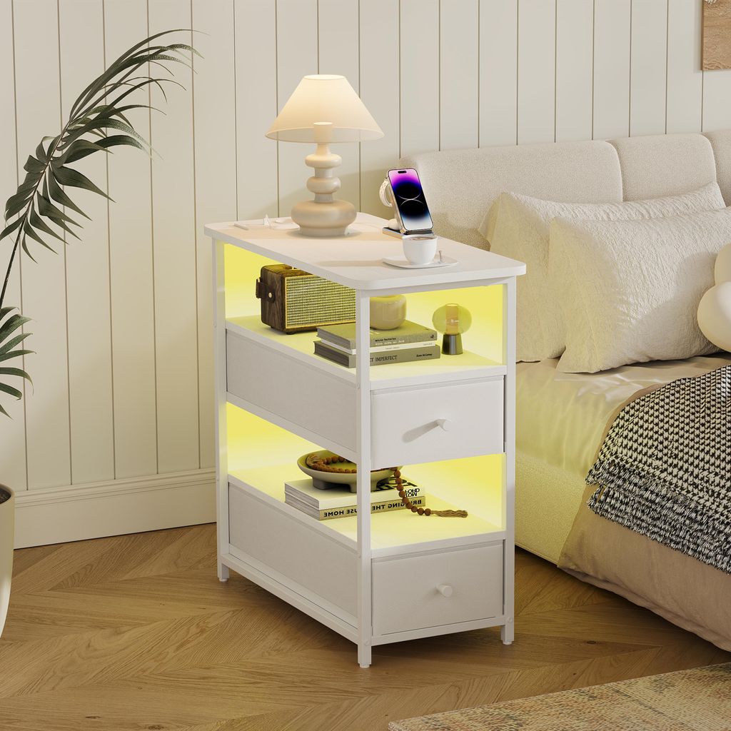 UnboxG Nachttisch 58x28x60,5 cm, Weiß, 4 Ebenen, 2 Schubladen, LED-Beleuchtung, USB & Steckdosen, App & Fernbedienung, Stauraum