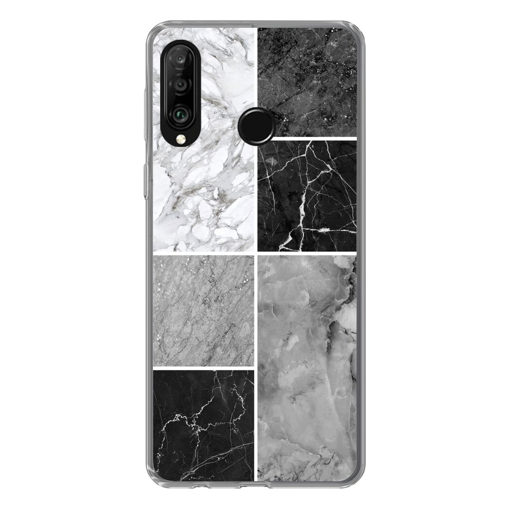 MuchoWow Handyhülle Schutzhülle Hülle für Huawei P30 Lite Marmor - Schwarz - Weiß Silikon Softcase Handy Hülle - Handyhülle