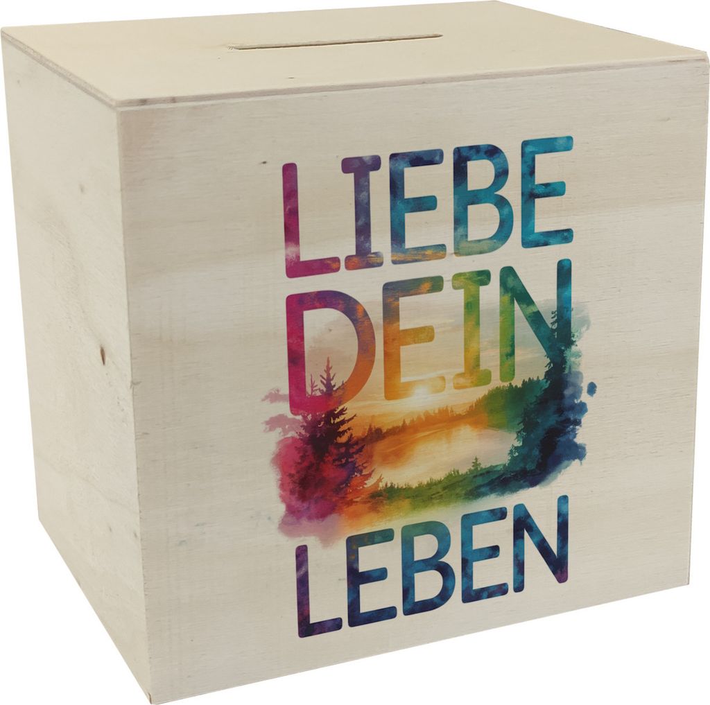 Liebe dein Leben Spardose aus Holz Aquarell Design